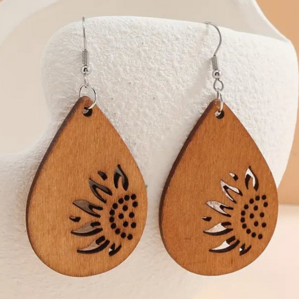 Wood Laser Cut Sunflower Drop Shaped Earrings